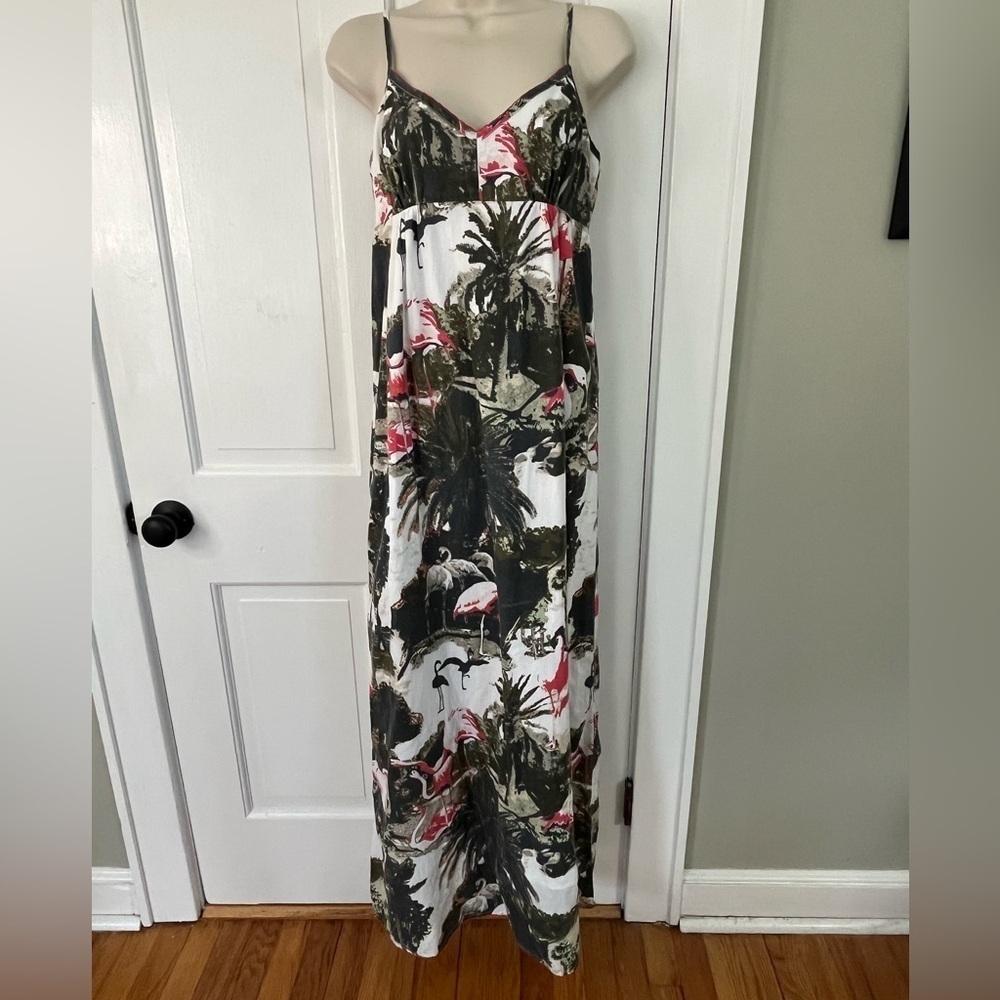 Tailor Vintage Cotton Flamingo Spaghetti Strap Maxi Dress Hawaiian Tropical Boho